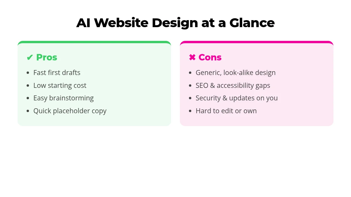 Comparison chart of AI website design pros and cons